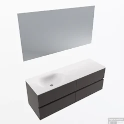 MONDIAZ VICA 140cm Badmeubel Onderkast Dark Grey 4 Lades. Wastafel Moon Links Zonder Kraangat, Kleur Talc Met Spiegel LED.