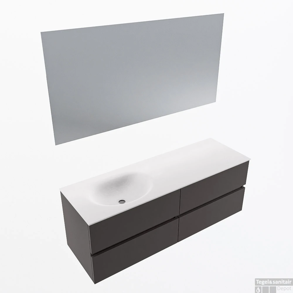 MONDIAZ VICA 140cm Badmeubel Onderkast Dark Grey 4 Lades. Wastafel Moon Links Zonder Kraangat, Kleur Talc Met Spiegel LED. 1 MONDIAZ VICA 140cm Badmeubel Onderkast Dark Grey 4 Lades. Wastafel Moon Links Zonder Kraangat, Kleur Talc Met Spiegel LED.