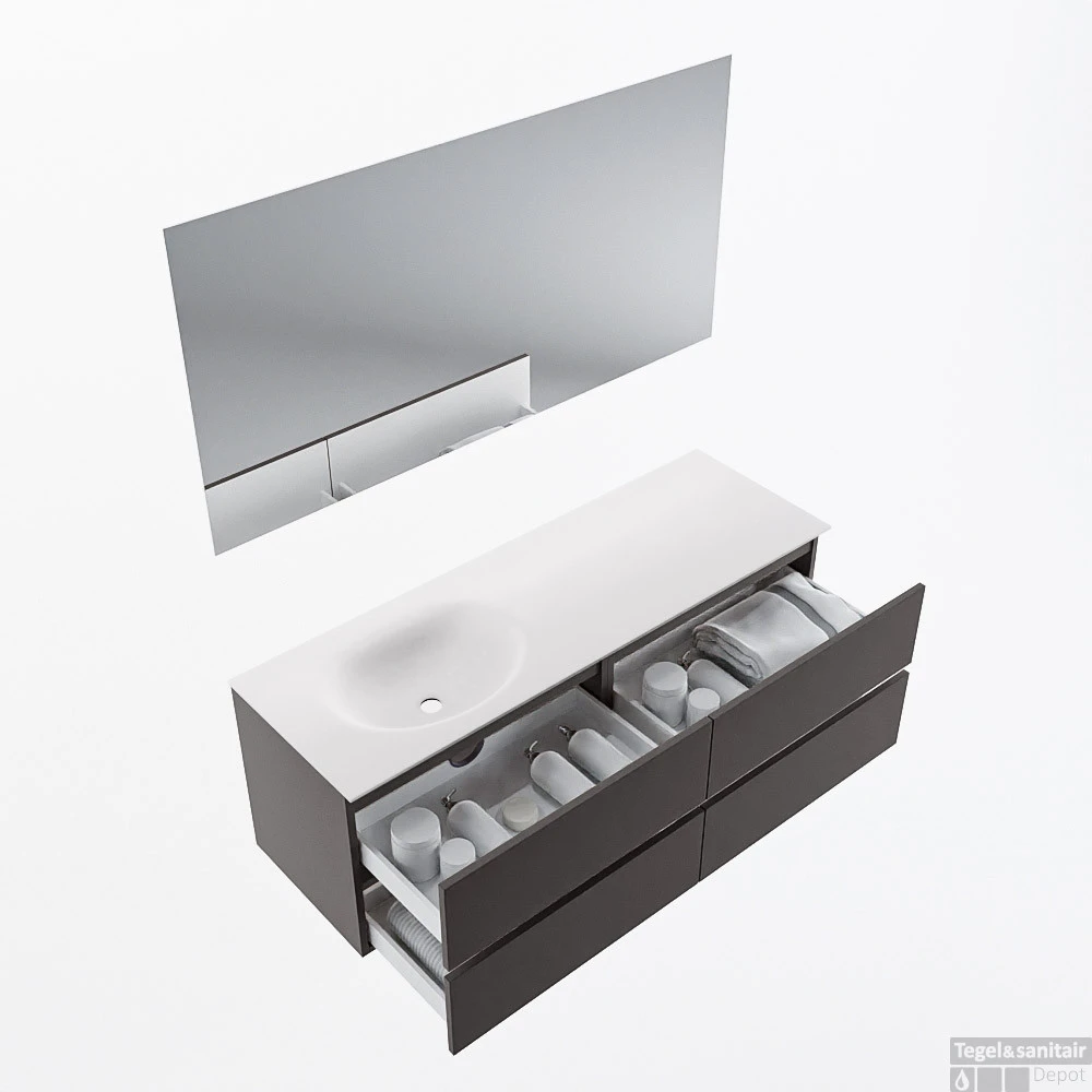 MONDIAZ VICA 140cm Badmeubel Onderkast Dark Grey 4 Lades. Wastafel Moon Links Zonder Kraangat, Kleur Talc Met Spiegel LED. 2 MONDIAZ VICA 140cm Badmeubel Onderkast Dark Grey 4 Lades. Wastafel Moon Links Zonder Kraangat, Kleur Talc Met Spiegel LED. - Afbeelding 2