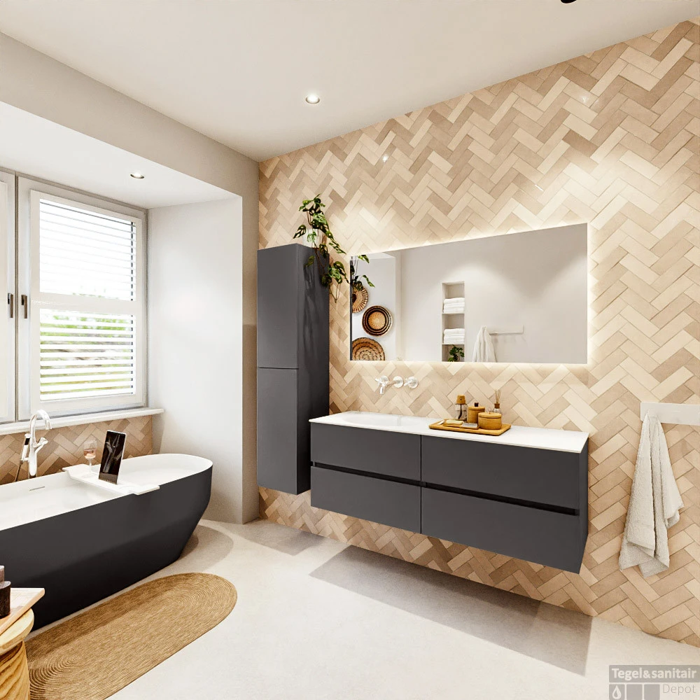 MONDIAZ VICA 140cm Badmeubel Onderkast Dark Grey 4 Lades. Wastafel Moon Links Zonder Kraangat, Kleur Talc Met Spiegel LED. 7 MONDIAZ VICA 140cm Badmeubel Onderkast Dark Grey 4 Lades. Wastafel Moon Links Zonder Kraangat, Kleur Talc Met Spiegel LED. - Afbeelding 7