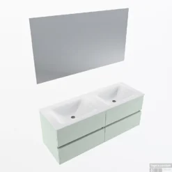 MONDIAZ VICA 130cm Badmeubel Onderkast Greey 4 Lades. Wastafel CLOUD Dubbel Zonder Kraangat, Kleur Talc Met Spiegel LED.