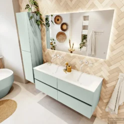 MONDIAZ VICA 130cm Badmeubel Onderkast Greey 4 Lades. Wastafel CLOUD Dubbel Zonder Kraangat, Kleur Talc Met Spiegel LED. -Baden Luxe Verkoop badkamermeubel vica greey cloud talc set2 0065