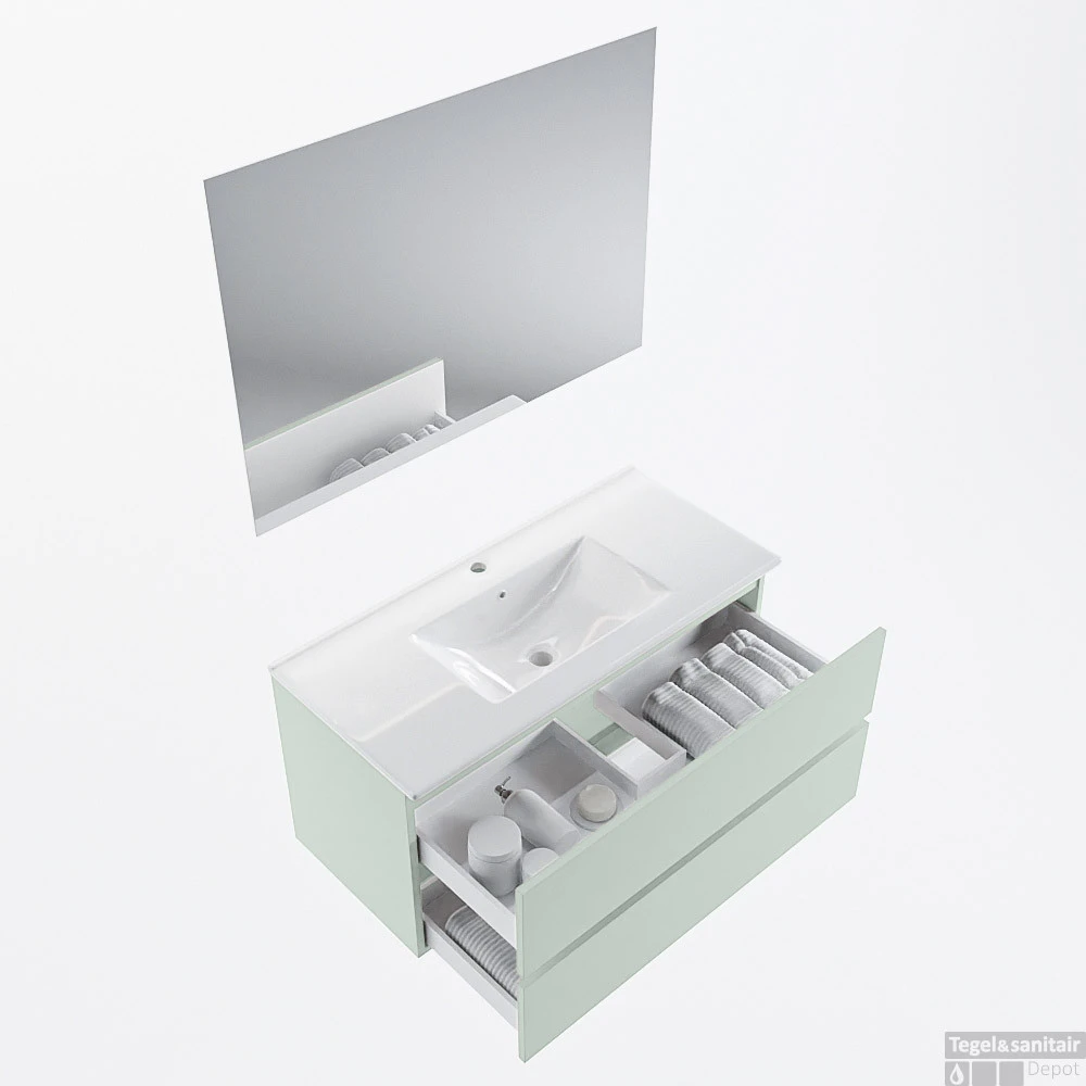 MONDIAZ VICA 100cm Badmeubel Onderkast Greey 2 Lades. Wastafel Denia Midden 1 Kraangat, Kleur Glanzend Wit Met Spiegel LED. 2 MONDIAZ VICA 100cm Badmeubel Onderkast Greey 2 Lades. Wastafel Denia Midden 1 Kraangat, Kleur Glanzend Wit Met Spiegel LED. - Afbeelding 2