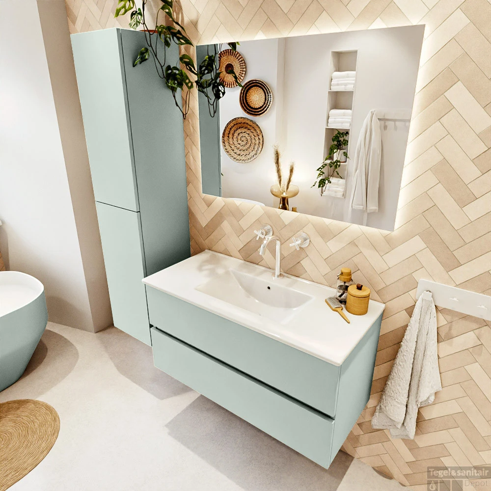 MONDIAZ VICA 100cm Badmeubel Onderkast Greey 2 Lades. Wastafel Denia Midden 1 Kraangat, Kleur Glanzend Wit Met Spiegel LED. 3 MONDIAZ VICA 100cm Badmeubel Onderkast Greey 2 Lades. Wastafel Denia Midden 1 Kraangat, Kleur Glanzend Wit Met Spiegel LED. - Afbeelding 3