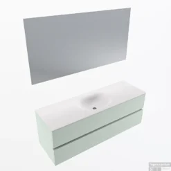 MONDIAZ VICA 140cm Badmeubel Onderkast Greey 2 Lades. Wastafel Moon Midden Zonder Kraangat, Kleur Talc Met Spiegel LED.