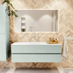 MONDIAZ VICA 140cm Badmeubel Onderkast Greey 2 Lades. Wastafel Moon Midden Zonder Kraangat, Kleur Talc Met Spiegel LED. 12 MONDIAZ VICA 140cm Badmeubel Onderkast Greey 2 Lades. Wastafel Moon Midden Zonder Kraangat, Kleur Talc Met Spiegel LED. -Baden Luxe Verkoop badkamermeubel vica greey moon talc set1 0042