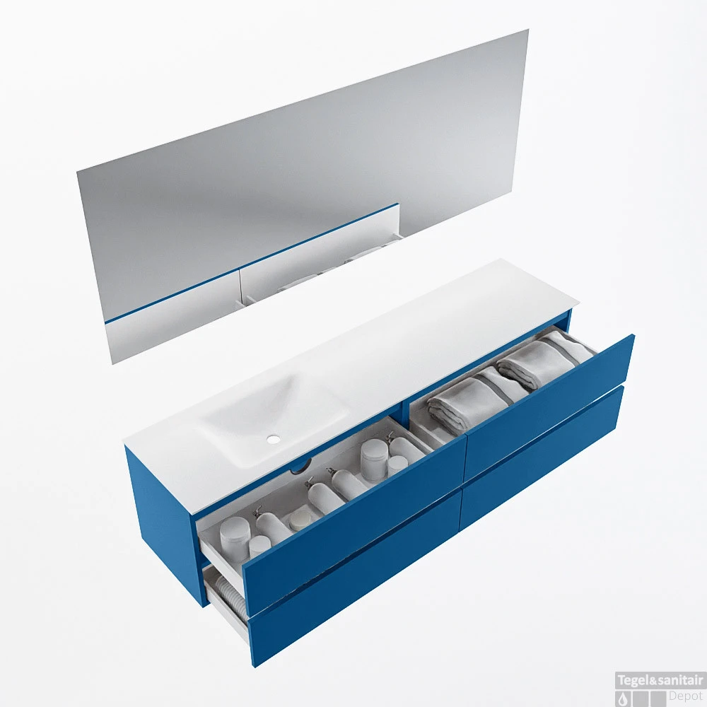 MONDIAZ VICA 190cm Badmeubel Onderkast Jeans 4 Lades. Wastafel CLOUD Links Zonder Kraangat, Kleur Talc Met Spiegel LED. 2 MONDIAZ VICA 190cm Badmeubel Onderkast Jeans 4 Lades. Wastafel CLOUD Links Zonder Kraangat, Kleur Talc Met Spiegel LED. - Afbeelding 2