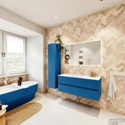 MONDIAZ VICA 120cm Badmeubel Onderkast Jeans 2 Lades. Wastafel Moon Midden Zonder Kraangat, Kleur Talc Met Spiegel LED. -Baden Luxe Verkoop badkamermeubel vica jeans moon talc set4 0026