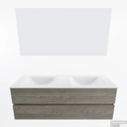 MONDIAZ VICA 140cm Badmeubel Onderkast Light Brown Grey 2 Lades. Wastafel CLOUD Dubbel Zonder Kraangat, Kleur Talc Met Spiegel LED. -Baden Luxe Verkoop badkamermeubel vica light brown grey cloud talc google11 0045
