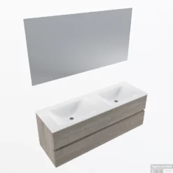 MONDIAZ VICA 140cm Badmeubel Onderkast Light Brown Grey 2 Lades. Wastafel CLOUD Dubbel Zonder Kraangat, Kleur Talc Met Spiegel LED.