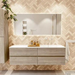 MONDIAZ VICA 160cm Badmeubel Onderkast Light Brown Grey 4 Lades. Wastafel CLOUD Rechts 1 Kraangat, Kleur Talc. -Baden Luxe Verkoop badkamermeubel vica light brown grey cloud talc set1 0079