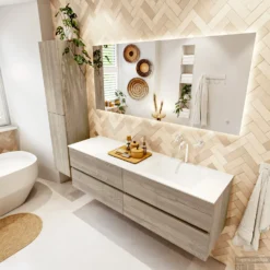 MONDIAZ VICA 160cm Badmeubel Onderkast Light Brown Grey 4 Lades. Wastafel CLOUD Rechts 1 Kraangat, Kleur Talc. -Baden Luxe Verkoop badkamermeubel vica light brown grey cloud talc set2 0079