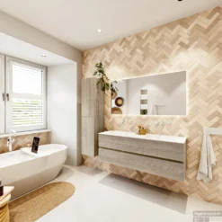 MONDIAZ VICA 140cm Badmeubel Onderkast Light Brown Grey 2 Lades. Wastafel CLOUD Dubbel Zonder Kraangat, Kleur Talc Met Spiegel LED. -Baden Luxe Verkoop badkamermeubel vica light brown grey cloud talc set4 0045