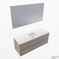 MONDIAZ VICA 130cm Badmeubel Onderkast Light Brown Grey 2 Lades. Wastafel Moon Midden Zonder Kraangat, Kleur Talc Met Spiegel LED.