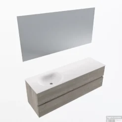 MONDIAZ VICA 150cm Badmeubel Onderkast Light Brown Grey 2 Lades. Wastafel Moon Links Zonder Kraangat, Kleur Talc Met Spiegel LED.