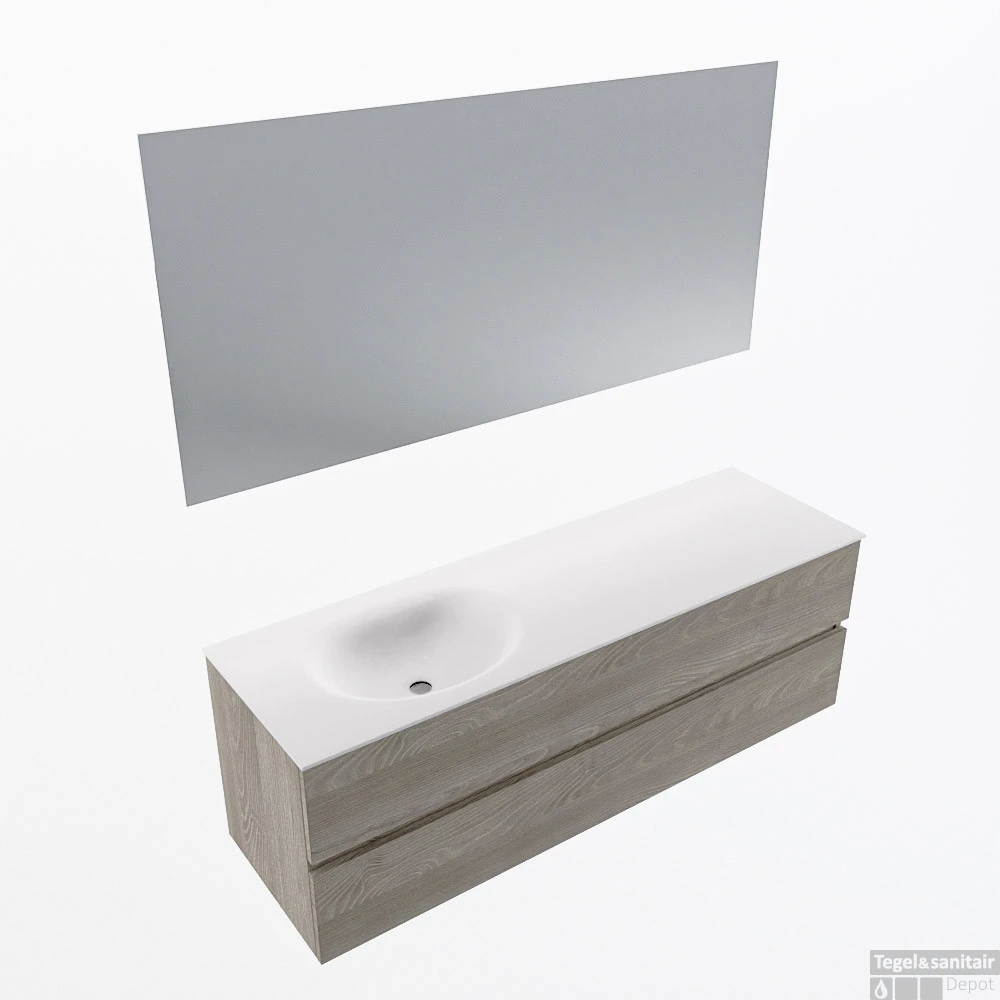 MONDIAZ VICA 150cm Badmeubel Onderkast Light Brown Grey 2 Lades. Wastafel Moon Links Zonder Kraangat, Kleur Talc Met Spiegel LED. 1 MONDIAZ VICA 150cm Badmeubel Onderkast Light Brown Grey 2 Lades. Wastafel Moon Links Zonder Kraangat, Kleur Talc Met Spiegel LED.