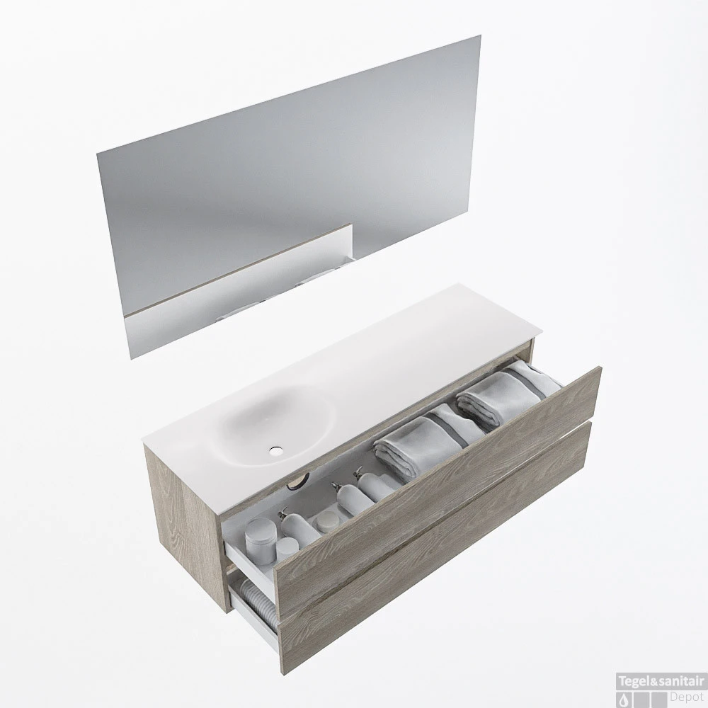 MONDIAZ VICA 150cm Badmeubel Onderkast Light Brown Grey 2 Lades. Wastafel Moon Links Zonder Kraangat, Kleur Talc Met Spiegel LED. 2 MONDIAZ VICA 150cm Badmeubel Onderkast Light Brown Grey 2 Lades. Wastafel Moon Links Zonder Kraangat, Kleur Talc Met Spiegel LED. - Afbeelding 2