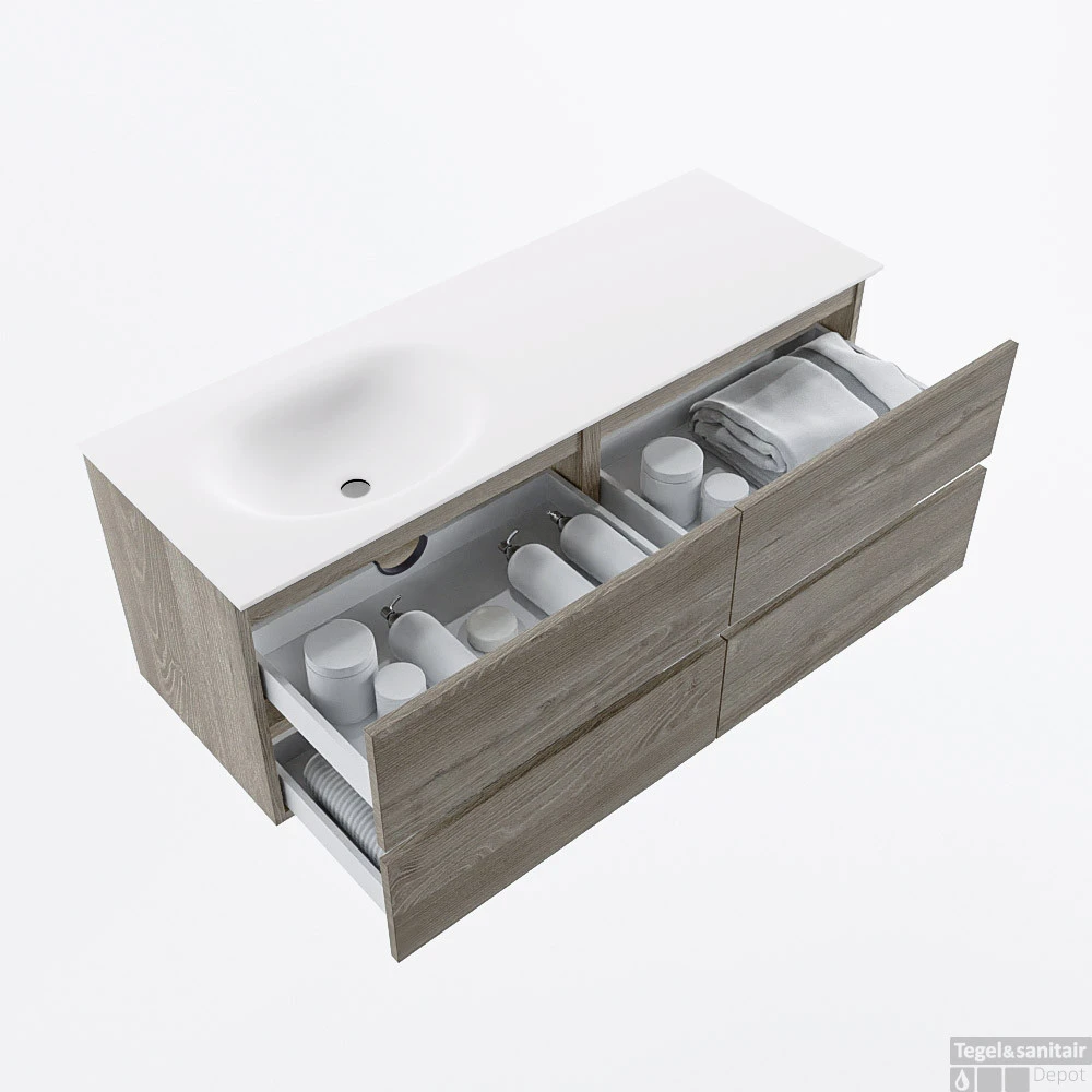 MONDIAZ VICA 130cm Badmeubel Onderkast Light Brown Grey 4 Lades. Wastafel MOON Links 1 Kraangat, Kleur Talc. 2 MONDIAZ VICA 130cm Badmeubel Onderkast Light Brown Grey 4 Lades. Wastafel MOON Links 1 Kraangat, Kleur Talc. - Afbeelding 2