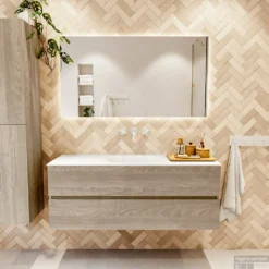 MONDIAZ VICA 130cm Badmeubel Onderkast Light Brown Grey 2 Lades. Wastafel Moon Midden Zonder Kraangat, Kleur Talc Met Spiegel LED. -Baden Luxe Verkoop badkamermeubel vica light brown grey moon talc set1 0034