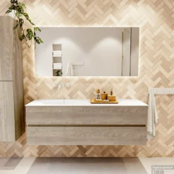 MONDIAZ VICA 150cm Badmeubel Onderkast Light Brown Grey 2 Lades. Wastafel Moon Links Zonder Kraangat, Kleur Talc Met Spiegel LED. 12 MONDIAZ VICA 150cm Badmeubel Onderkast Light Brown Grey 2 Lades. Wastafel Moon Links Zonder Kraangat, Kleur Talc Met Spiegel LED. -Baden Luxe Verkoop badkamermeubel vica light brown grey moon talc set1 0051