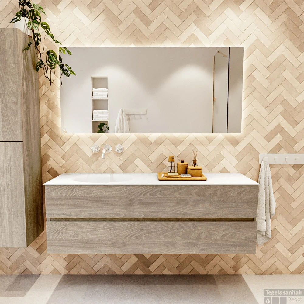 MONDIAZ VICA 150cm Badmeubel Onderkast Light Brown Grey 2 Lades. Wastafel Moon Links Zonder Kraangat, Kleur Talc Met Spiegel LED. 5 MONDIAZ VICA 150cm Badmeubel Onderkast Light Brown Grey 2 Lades. Wastafel Moon Links Zonder Kraangat, Kleur Talc Met Spiegel LED. - Afbeelding 5