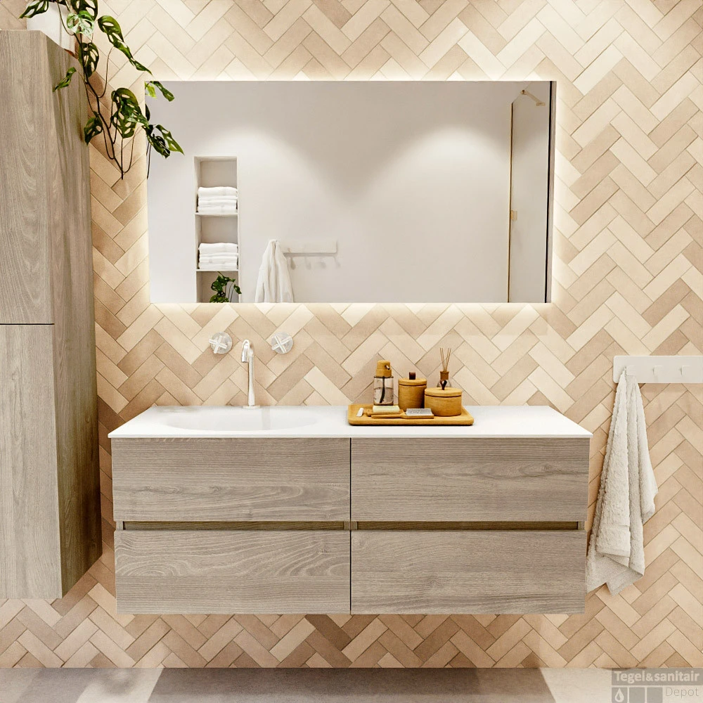 MONDIAZ VICA 130cm Badmeubel Onderkast Light Brown Grey 4 Lades. Wastafel MOON Links 1 Kraangat, Kleur Talc. 5 MONDIAZ VICA 130cm Badmeubel Onderkast Light Brown Grey 4 Lades. Wastafel MOON Links 1 Kraangat, Kleur Talc. - Afbeelding 5