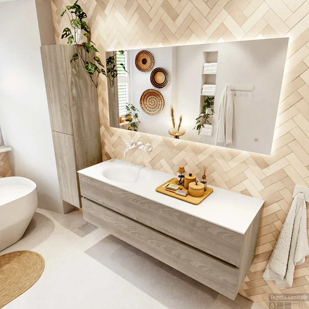 MONDIAZ VICA 150cm Badmeubel Onderkast Light Brown Grey 2 Lades. Wastafel Moon Links Zonder Kraangat, Kleur Talc Met Spiegel LED. 3 MONDIAZ VICA 150cm Badmeubel Onderkast Light Brown Grey 2 Lades. Wastafel Moon Links Zonder Kraangat, Kleur Talc Met Spiegel LED. - Afbeelding 3