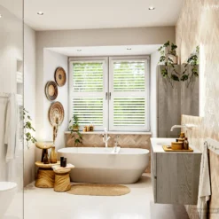 MONDIAZ VICA 130cm Badmeubel Onderkast Light Brown Grey 2 Lades. Wastafel Moon Midden Zonder Kraangat, Kleur Talc Met Spiegel LED. -Baden Luxe Verkoop badkamermeubel vica light brown grey moon talc set3 0034