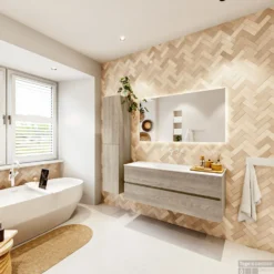 MONDIAZ VICA 130cm Badmeubel Onderkast Light Brown Grey 2 Lades. Wastafel Moon Midden Zonder Kraangat, Kleur Talc Met Spiegel LED. -Baden Luxe Verkoop badkamermeubel vica light brown grey moon talc set4 0034