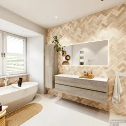 MONDIAZ VICA 150cm Badmeubel Onderkast Light Brown Grey 2 Lades. Wastafel Moon Links Zonder Kraangat, Kleur Talc Met Spiegel LED. 14 MONDIAZ VICA 150cm Badmeubel Onderkast Light Brown Grey 2 Lades. Wastafel Moon Links Zonder Kraangat, Kleur Talc Met Spiegel LED. -Baden Luxe Verkoop badkamermeubel vica light brown grey moon talc set4 0051