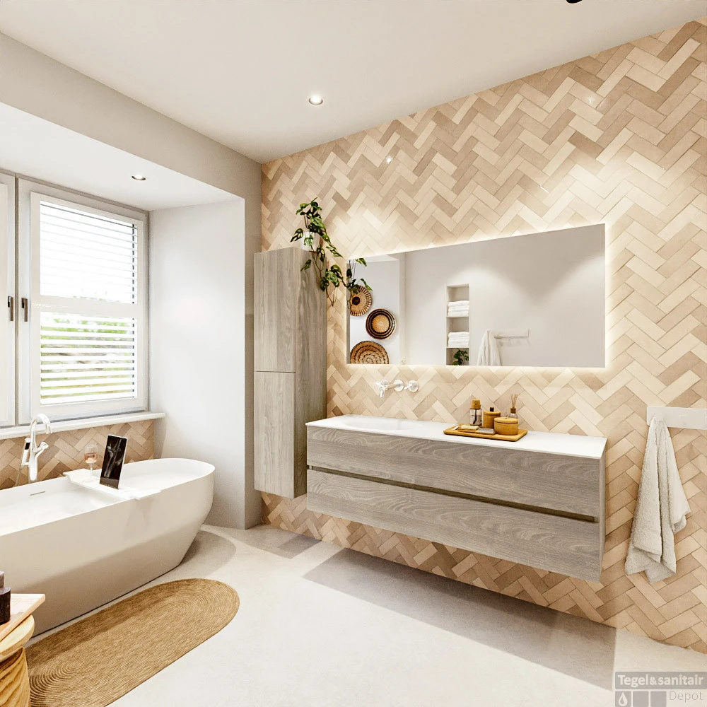 MONDIAZ VICA 150cm Badmeubel Onderkast Light Brown Grey 2 Lades. Wastafel Moon Links Zonder Kraangat, Kleur Talc Met Spiegel LED. 7 MONDIAZ VICA 150cm Badmeubel Onderkast Light Brown Grey 2 Lades. Wastafel Moon Links Zonder Kraangat, Kleur Talc Met Spiegel LED. - Afbeelding 7