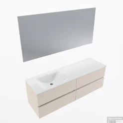 MONDIAZ VICA 150cm Badmeubel Onderkast Linen 4 Lades. Wastafel CLOUD Links 1 Kraangat, Kleur Talc Met Spiegel LED.