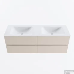 MONDIAZ VICA 140cm Badmeubel Onderkast Linen 4 Lades. Wastafel CLOUD Dubbel 2 Kraangaten, Kleur Talc.