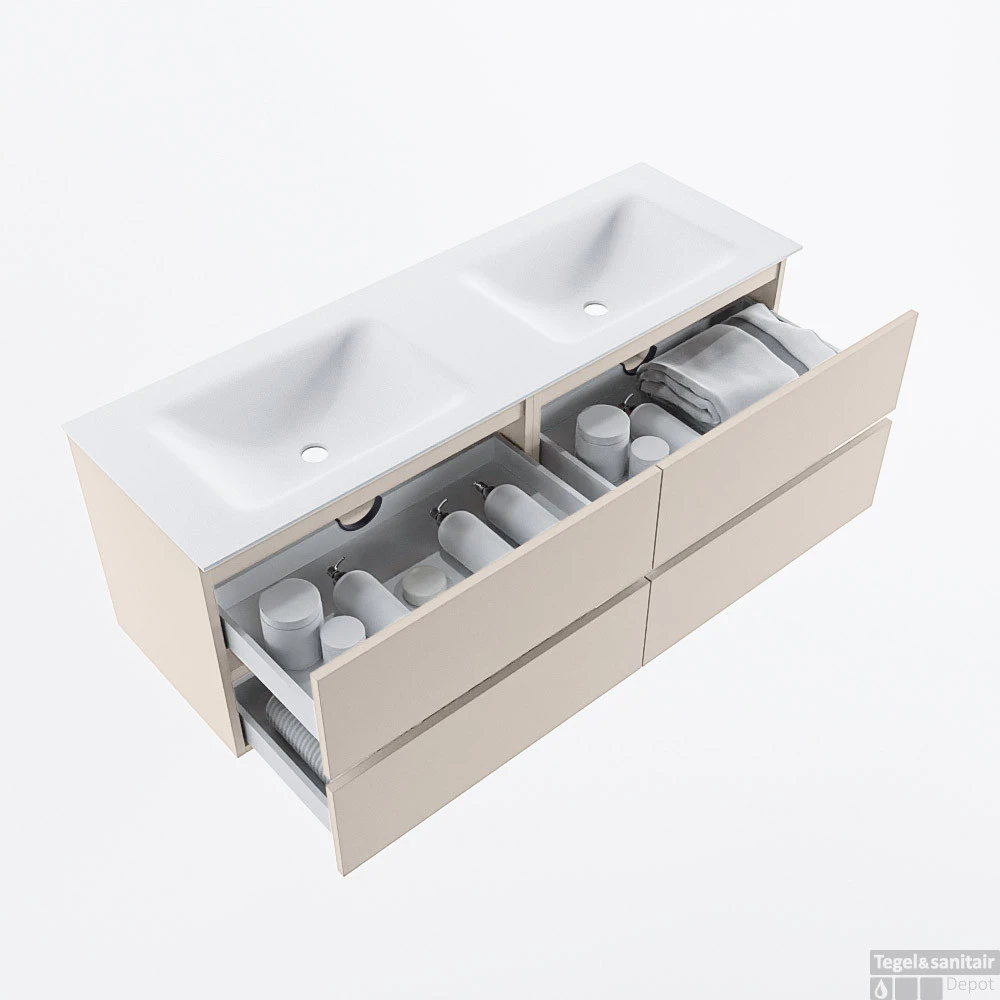 MONDIAZ VICA 140cm Badmeubel Onderkast Linen 4 Lades. Wastafel CLOUD Dubbel 2 Kraangaten, Kleur Talc. 2 MONDIAZ VICA 140cm Badmeubel Onderkast Linen 4 Lades. Wastafel CLOUD Dubbel 2 Kraangaten, Kleur Talc. - Afbeelding 2