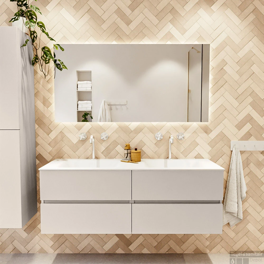 MONDIAZ VICA 140cm Badmeubel Onderkast Linen 4 Lades. Wastafel CLOUD Dubbel 2 Kraangaten, Kleur Talc. 5 MONDIAZ VICA 140cm Badmeubel Onderkast Linen 4 Lades. Wastafel CLOUD Dubbel 2 Kraangaten, Kleur Talc. - Afbeelding 5