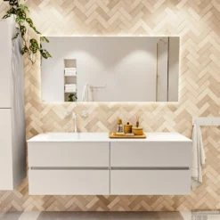 MONDIAZ VICA 150cm Badmeubel Onderkast Linen 4 Lades. Wastafel CLOUD Links 1 Kraangat, Kleur Talc Met Spiegel LED. -Baden Luxe Verkoop badkamermeubel vica linen cloud talc set1 0072