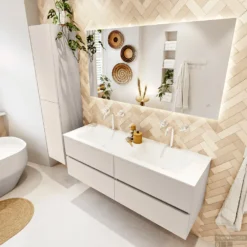 MONDIAZ VICA 140cm Badmeubel Onderkast Linen 4 Lades. Wastafel CLOUD Dubbel 2 Kraangaten, Kleur Talc. 9 MONDIAZ VICA 140cm Badmeubel Onderkast Linen 4 Lades. Wastafel CLOUD Dubbel 2 Kraangaten, Kleur Talc. -Baden Luxe Verkoop badkamermeubel vica linen cloud talc set2 0068