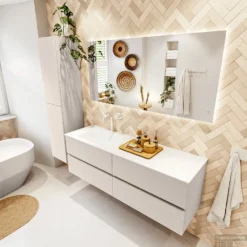 MONDIAZ VICA 150cm Badmeubel Onderkast Linen 4 Lades. Wastafel CLOUD Links 1 Kraangat, Kleur Talc Met Spiegel LED. -Baden Luxe Verkoop badkamermeubel vica linen cloud talc set2 0072