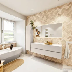 MONDIAZ VICA 150cm Badmeubel Onderkast Linen 4 Lades. Wastafel CLOUD Links 1 Kraangat, Kleur Talc Met Spiegel LED. -Baden Luxe Verkoop badkamermeubel vica linen cloud talc set4 0072