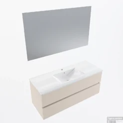 MONDIAZ VICA 120cm Badmeubel Onderkast Linen 2 Lades. Wastafel Denia Midden 1 Kraangat, Kleur Glanzend Wit Met Spiegel LED.