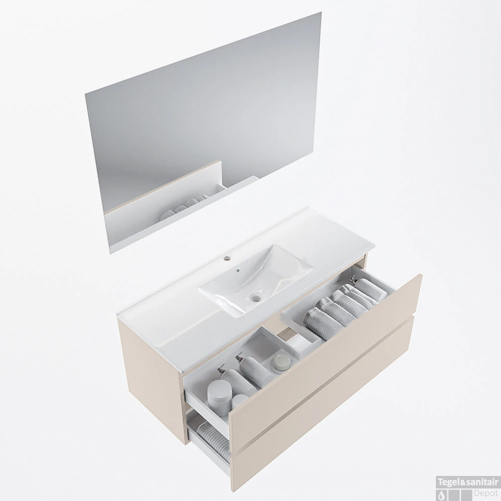 MONDIAZ VICA 120cm Badmeubel Onderkast Linen 2 Lades. Wastafel Denia Midden 1 Kraangat, Kleur Glanzend Wit Met Spiegel LED. 2 MONDIAZ VICA 120cm Badmeubel Onderkast Linen 2 Lades. Wastafel Denia Midden 1 Kraangat, Kleur Glanzend Wit Met Spiegel LED. - Afbeelding 2