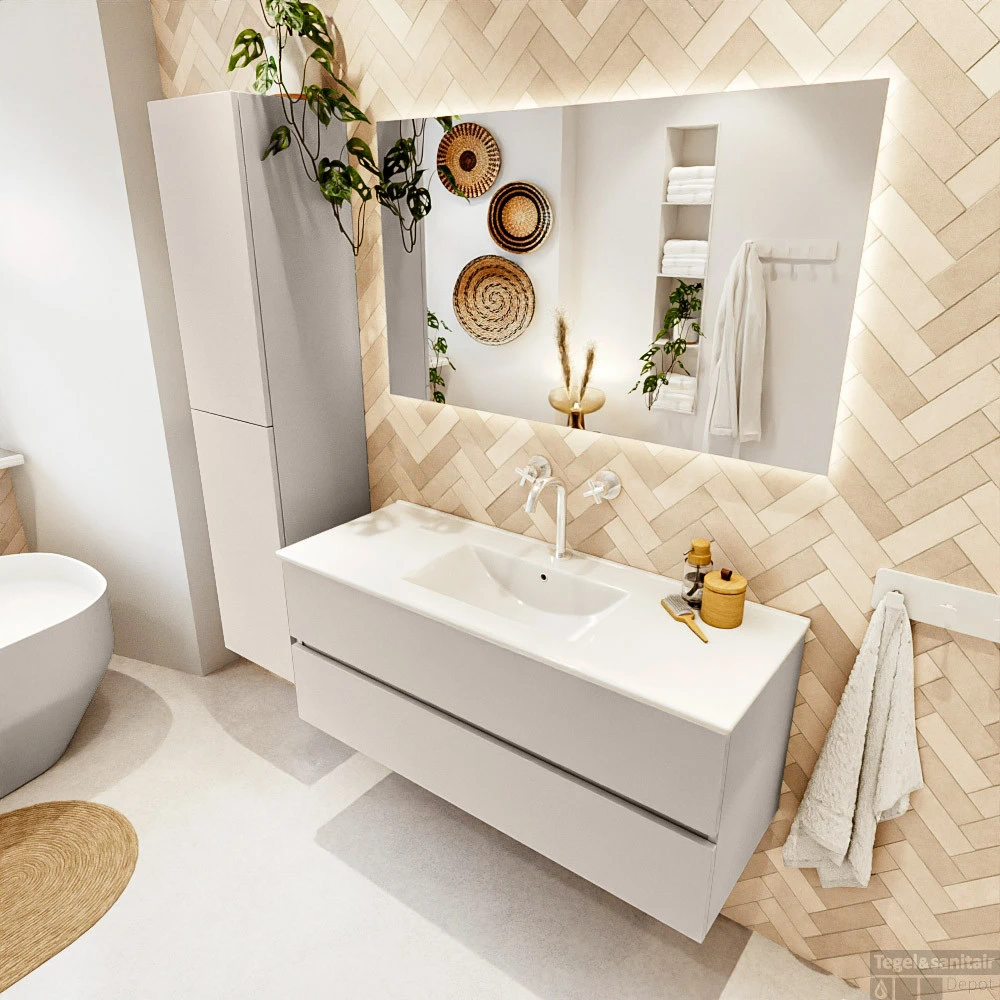 MONDIAZ VICA 120cm Badmeubel Onderkast Linen 2 Lades. Wastafel Denia Midden 1 Kraangat, Kleur Glanzend Wit Met Spiegel LED. 3 MONDIAZ VICA 120cm Badmeubel Onderkast Linen 2 Lades. Wastafel Denia Midden 1 Kraangat, Kleur Glanzend Wit Met Spiegel LED. - Afbeelding 3