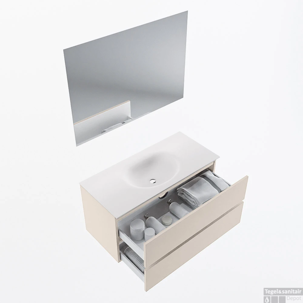 MONDIAZ VICA 100cm Badmeubel Onderkast Linen 2 Lades. Wastafel Moon Midden Zonder Kraangat, Kleur Talc Met Spiegel LED. 2 MONDIAZ VICA 100cm Badmeubel Onderkast Linen 2 Lades. Wastafel Moon Midden Zonder Kraangat, Kleur Talc Met Spiegel LED. - Afbeelding 2