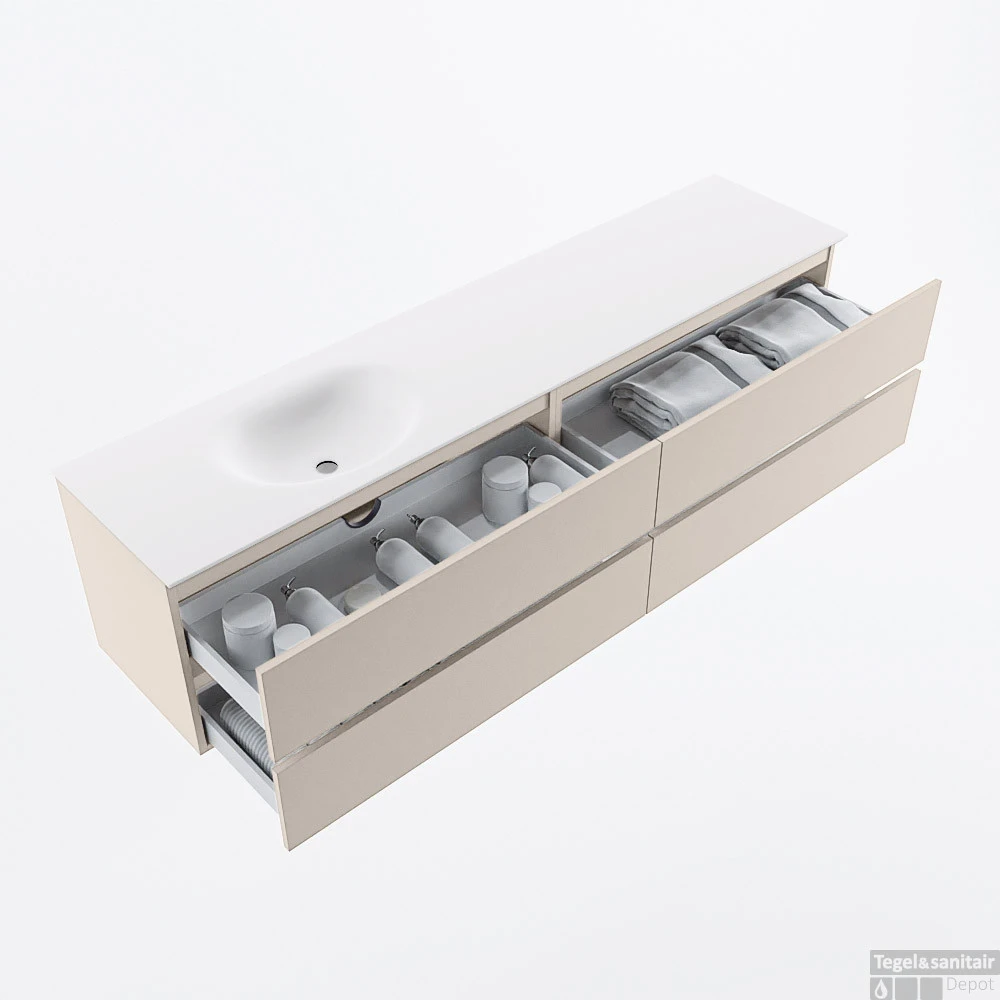 MONDIAZ VICA 200cm Badmeubel Onderkast Linen 4 Lades. Wastafel MOON Links Zonder Kraangat, Kleur Talc. 2 MONDIAZ VICA 200cm Badmeubel Onderkast Linen 4 Lades. Wastafel MOON Links Zonder Kraangat, Kleur Talc. - Afbeelding 2