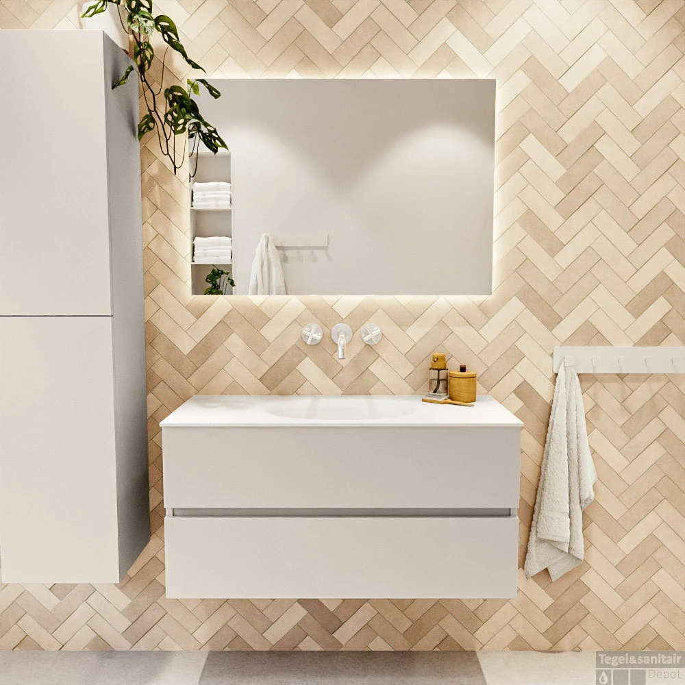 MONDIAZ VICA 100cm Badmeubel Onderkast Linen 2 Lades. Wastafel Moon Midden Zonder Kraangat, Kleur Talc Met Spiegel LED. 5 MONDIAZ VICA 100cm Badmeubel Onderkast Linen 2 Lades. Wastafel Moon Midden Zonder Kraangat, Kleur Talc Met Spiegel LED. - Afbeelding 5