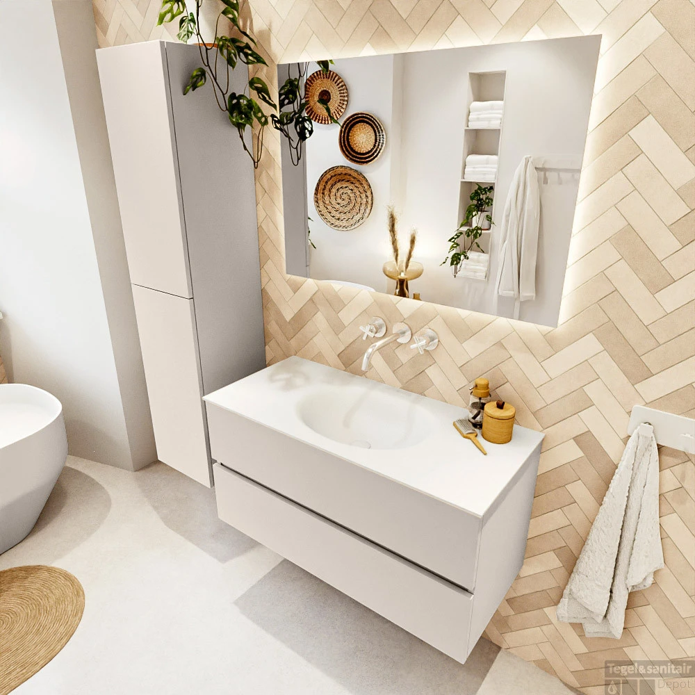 MONDIAZ VICA 100cm Badmeubel Onderkast Linen 2 Lades. Wastafel Moon Midden Zonder Kraangat, Kleur Talc Met Spiegel LED. 3 MONDIAZ VICA 100cm Badmeubel Onderkast Linen 2 Lades. Wastafel Moon Midden Zonder Kraangat, Kleur Talc Met Spiegel LED. - Afbeelding 3