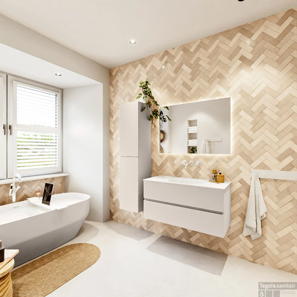 MONDIAZ VICA 100cm Badmeubel Onderkast Linen 2 Lades. Wastafel Moon Midden Zonder Kraangat, Kleur Talc Met Spiegel LED. 7 MONDIAZ VICA 100cm Badmeubel Onderkast Linen 2 Lades. Wastafel Moon Midden Zonder Kraangat, Kleur Talc Met Spiegel LED. - Afbeelding 7