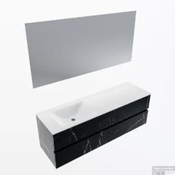 MONDIAZ VICA 150cm Badmeubel Onderkast Marquina 4 Lades. Wastafel CLOUD Links 1 Kraangat, Kleur Talc Met Spiegel LED.