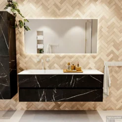 MONDIAZ VICA 150cm Badmeubel Onderkast Marquina 2 Lades. Wastafel CLOUD Links 1 Kraangat, Kleur Talc. -Baden Luxe Verkoop badkamermeubel vica marquina cloud talc set1 0047