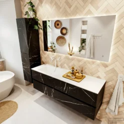 MONDIAZ VICA 150cm Badmeubel Onderkast Marquina 2 Lades. Wastafel CLOUD Links 1 Kraangat, Kleur Talc. -Baden Luxe Verkoop badkamermeubel vica marquina cloud talc set2 0047